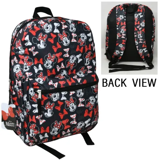 Minnie Mouse & Bows All Over Print Black and Red 16" Backpack with Front Pocket {1}