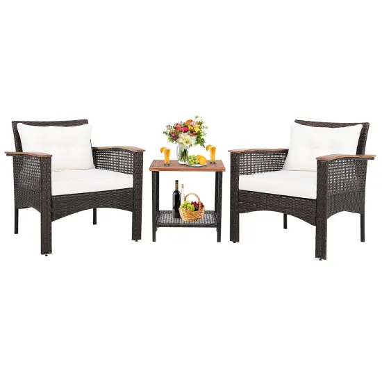 Costway 3PCS Patio Rattan Furniture Set Acacia Wood Table Top W/Shelf Cushioned {3}