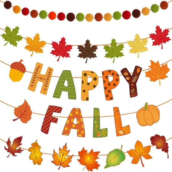 5Pcs Autumn Thanksgiving Garland Decorations Happy Fall Paper Banner {1}
