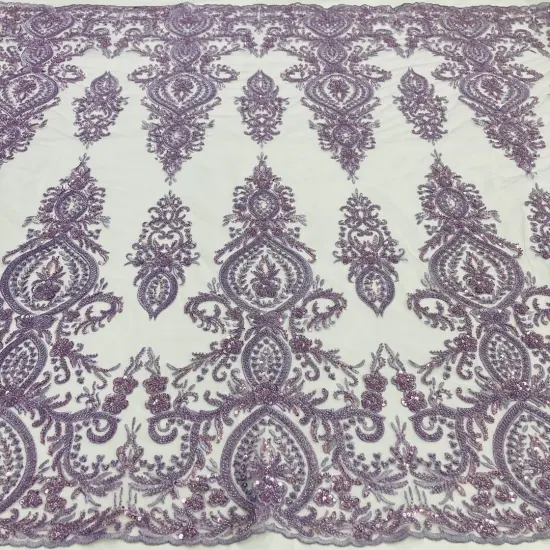 1 Yard Beaded Lace Fabric on 100% Polyester Net Mesh, Light Coral, Embroidered Lace, 48" Wide Lt. Coral {3}