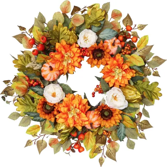 Autumn Wreath with Pumpkins, Peony, Sunflowers & Dahlias {1}