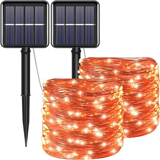 2Pack 200 LED Solar Orange Copper Halloween String Lights {1}