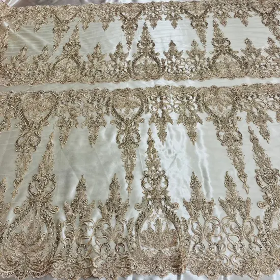 1 Yard Beaded & Corded Bridal Lace Fabric on 100% Polyester Net Mesh, Embroidered Lace Fabric, 51" Width White {6}