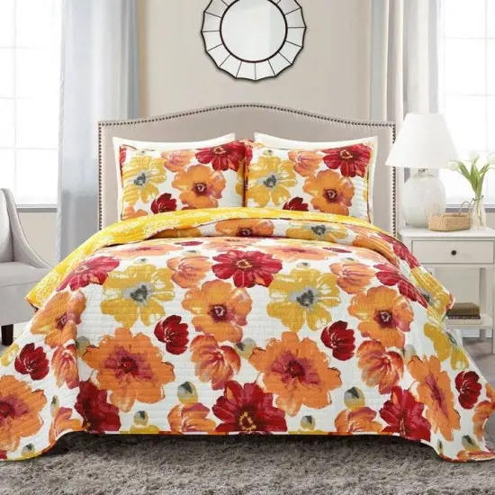 Floral Reversible Lightweight 3 Piece Quilt Set Soft Microfiber Bedding for Spring and Summer {8}