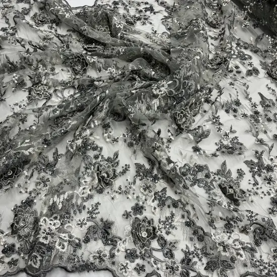 1 Yard Beaded Rhinestone 3D Floral Lace Fabric for Bridal Dresses Dance Costumes 50" Width Blue/Grey {6}