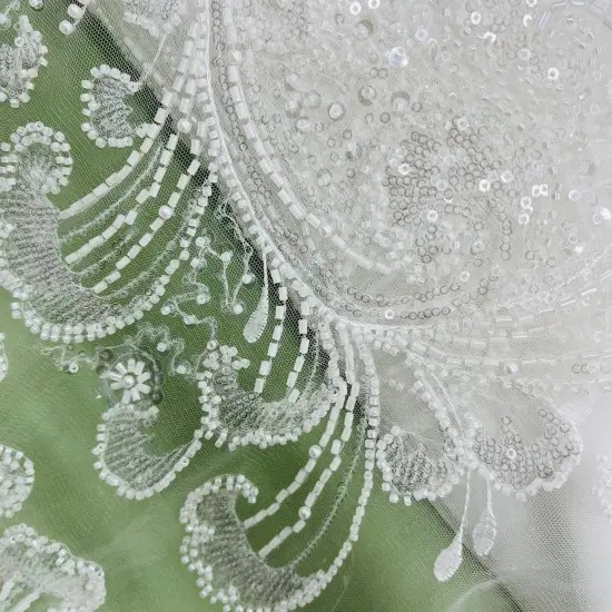 1 Yard Beaded Lace Fabric Embroidered on 100% Polyester Net Mesh, 52" Width, Premium Lace Fabrication White {6}