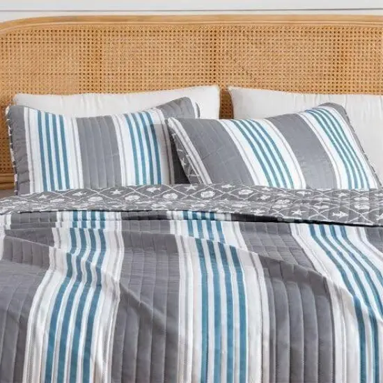 3 Piece Coastal Starfish Sand Dollar Grey Blue White Quilt Set {3}