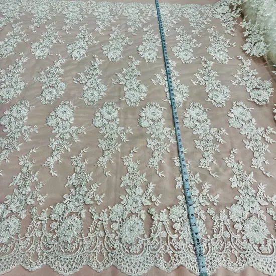 1 Yard Gold Beaded Corded Bridal Lace Fabric on Polyester Mesh, 53" Wide, Embroidered Luxury Fabrication Ivory with Silver {1}
