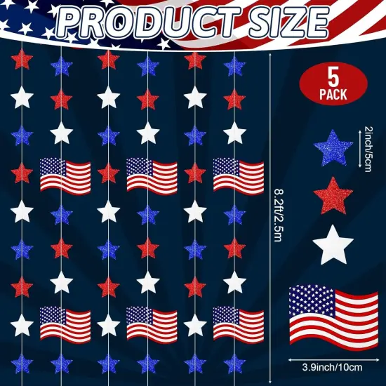 41Ft Patriotic Star America Flag Garland Red White Blue Glitter Streamers 4th of July Hanging Garlands for Independence Day Labor Day Veterans Day Memorial Day Party Supplies {2}