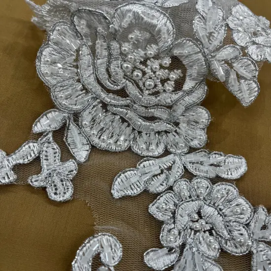 1 Pair Beaded & Corded Floral Lace Applique Embroidered on 100% Polyester Net Mesh 15" X 3.5" Each Side Ivory {7}