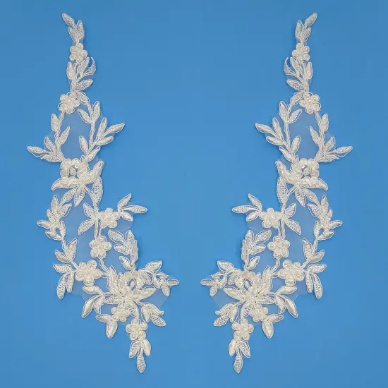 1 Pair Beaded & Corded Floral Lace Applique Embroidered on 100% Polyester Organza 13" x 4" Each Side Ivory /Gold {3}