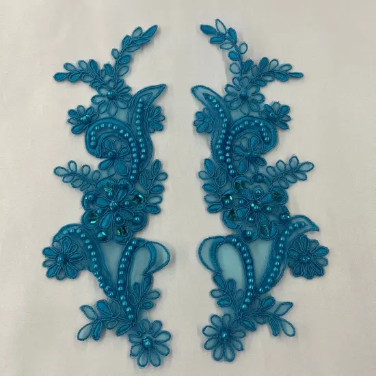 1 Pair Beaded & Corded Floral Lace Applique 9" x 2.5" Each Side Turquoise {1}