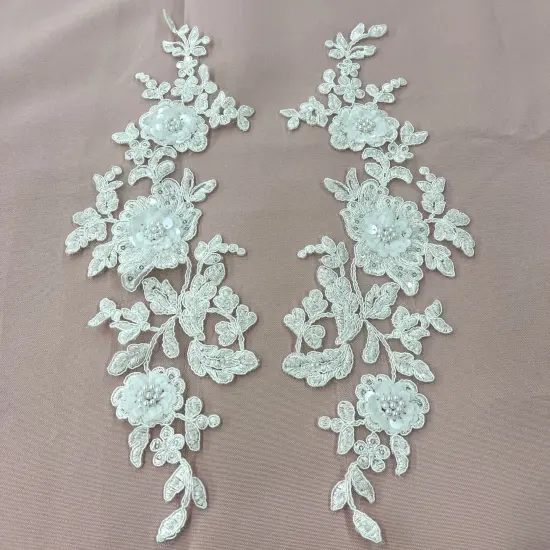 1 Pair Beaded & Corded Floral 3D Lace Applique Embroidered on 100% Polyester Net Mesh, 14" X 3 " Wide Each Side Silver {2}