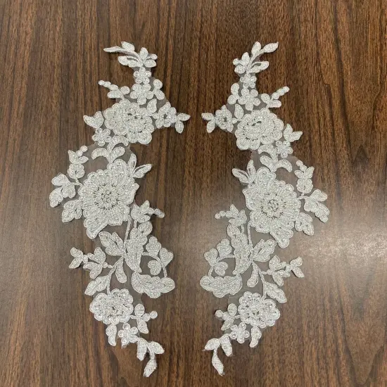 1 Pair Beaded & Corded Floral Lace Applique on 100% Polyester Net Mesh 13" x 3" Each Side White with Rose G {3}
