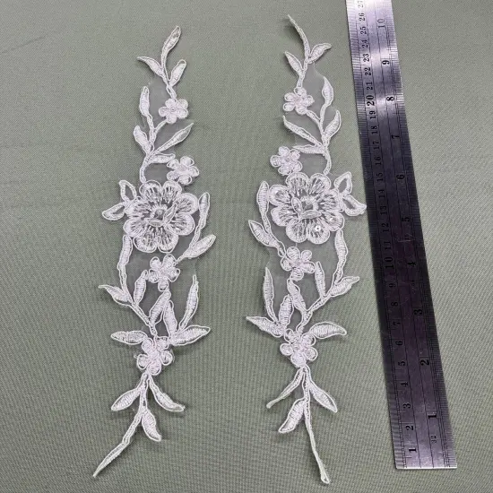 1 Pair Beaded & Corded Lace Applique Embroidered on 100% Polyester Organza 10" x 2" Each Side Antique Gold {3}