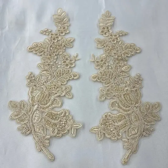 1 Pair Beaded & Corded Floral Lace Applique 100% Polyester Net Mesh 12" X 3.5" Each Side Champagne Color {1}