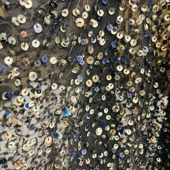 1 Yard Black Sequined Lace Fabric on Chiffon 54" Wide 100% Polyester Heavyweight Bridal & Formal Material {1}