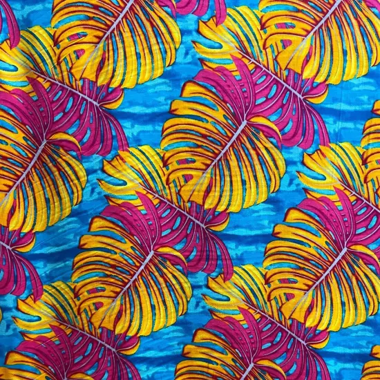 1 Yard All Over Monstera Leaf Rayon Poplin Fabric 36in L x 45in W Turquoise & Pink {1}