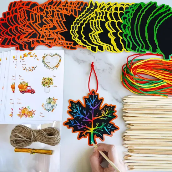 48 Sets 12 Styles Magic Color Scratch Black Fall Leaves Ornaments {4}