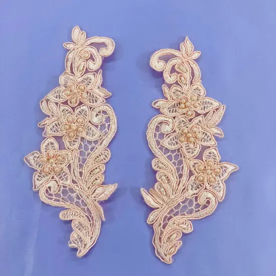 1 Pair Beaded Lace Applique Embroidered on 100% Polyester Organza 7" x 2.5" Each Side White {3}