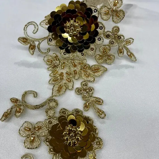 1 Pair Beaded & Corded Floral 3D Lace Applique 100% Polyester Net Mesh 9" x 4" Each Side White {2}