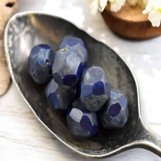 *16* 9mm Navy Blue Picasso Central Cut Round Beads {6}