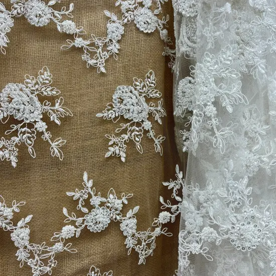 1 Yard Beaded & Corded Bridal Lace Fabric on 100% Polyester Net Mesh, Embroidered, 49" Wide, Elegant Wedding Fabric White {6}