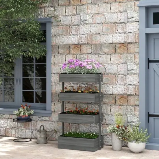 Fir Wood 4-Tier Vertical Planter Box with Drainage for Outdoor Gardening Grey {2}