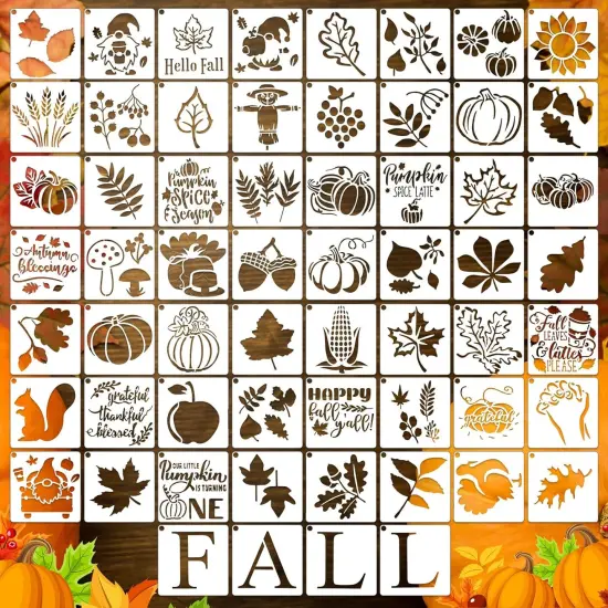 60 Pcs Fall Stencils for Painting Reusable Leaf Pumpkin - 3 x 3 Inch {1}