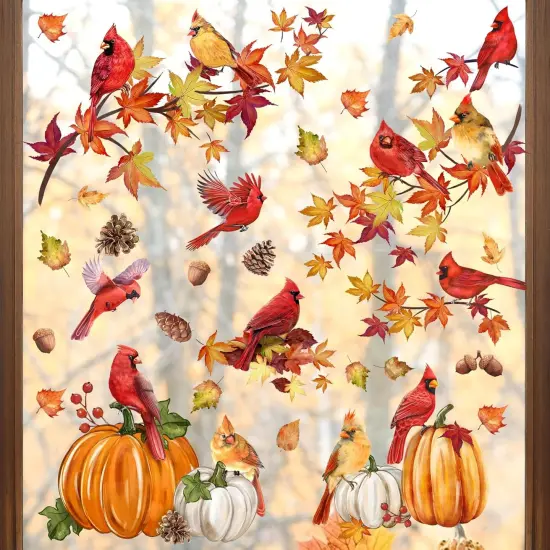 9 Sheets 52PCS Fall Maple Leaves Window Clings - Fall Cardinal {4}