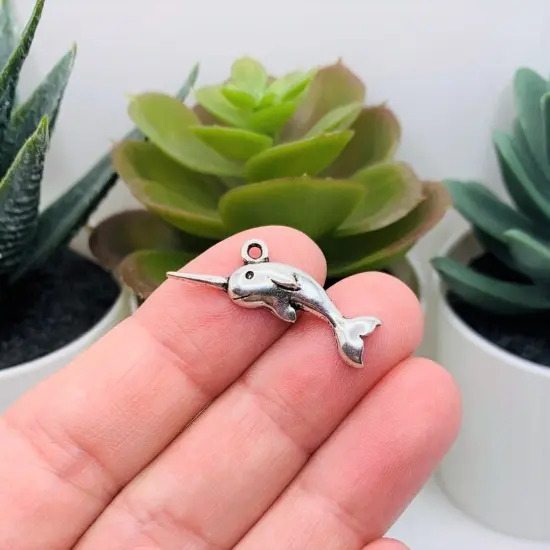 Silver Narwhal Charms, 28x13mm {2}
