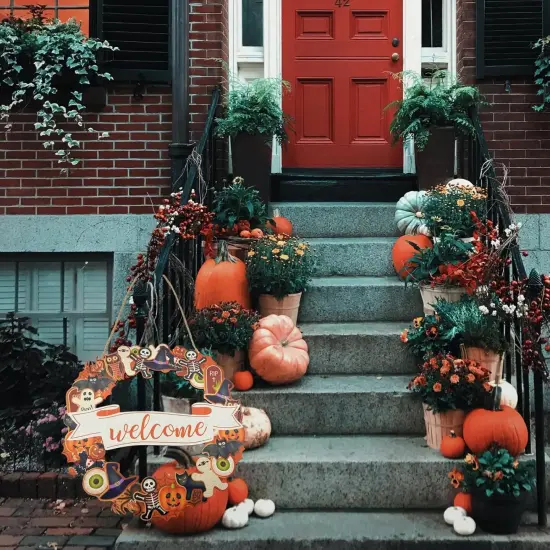 Halloween Wooden Wreath,Welcome Hanging Sign Decorations,Ghost Pumpkin Skull Wood {5}