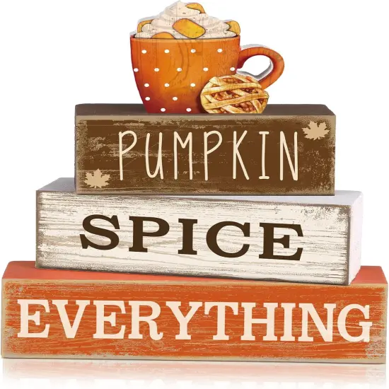 4PCS Wooden Fall Cup Tabletop Decor &ndash; Rustic Autumn Tiered Tray & Thanksgiving Centerpiece, Farmhouse Block Signs for Harvest Party & Home Kitchen Decoration {1}