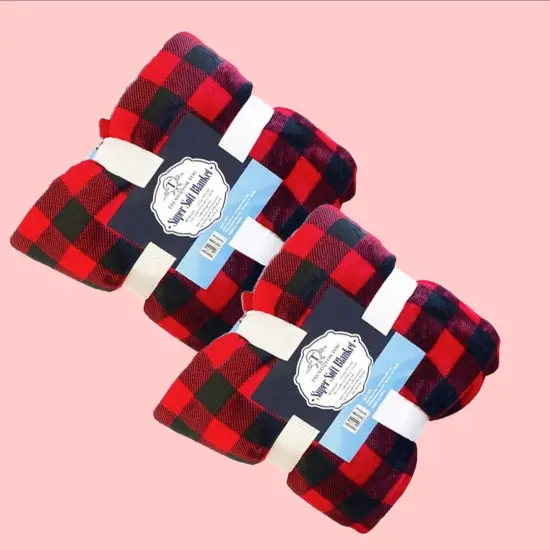 50x60" Checkered Red & Black Sherpa Throw Blanket Coral Fleece Front {2}