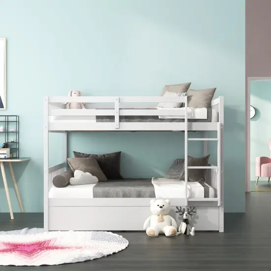 Wooden Full over Full Bunk Platform Wood Bed with Ladder and Trundle Perfect for Dorms Room White {2}