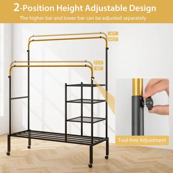 Adjustable Double Rod Clothes Drying Rack with 3-Tier Mesh Shelf Heavy Duty Steel Frame Golden {6}