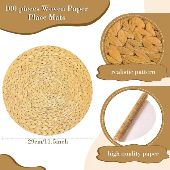 100 Pcs Disposable Woven Wooden Slice Paper Place Mats Rustic Palm Leaf Sunflower Daisy Pumpkin Woven Charger Place Mat Bulk Table Paper Placemats for Summer Spring Fall Wedding Dinner(Woven) {2}