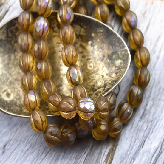 *20* 8mm Gold Washed Matte Root Beer Topaz AB Faceted Round Melon Beads {2}