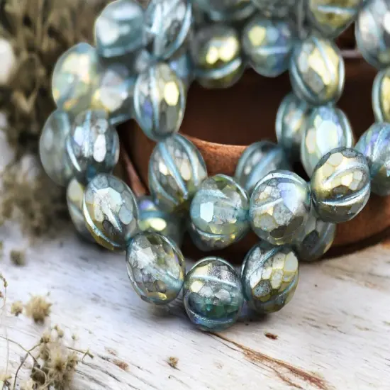 *12* 10mm Turquoise Washed Gold Lustered Crystal Faceted Round Melon Beads {1}