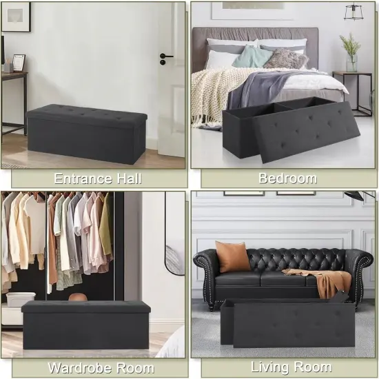 Rectangular Linen Storage Bench Ottoman for Bedroom Living Room and Hallway Organization Black {3}
