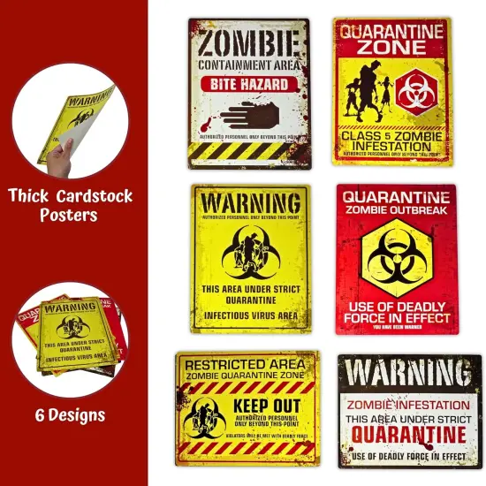 4E's Novelty Halloween Zombie Warning Signs with 20ft Caution Tape &ndash; 6 Pack 11x14 Creepy Posters for Indoor Outdoor Haunted House, Graveyard, Front Yard, Door, Wall, Garden, Balcony Party Decor {3}