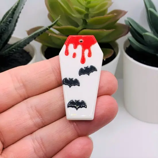 White Vampire Coffin with Blood and Bats Acrylic Charm, 45x22mm {2}