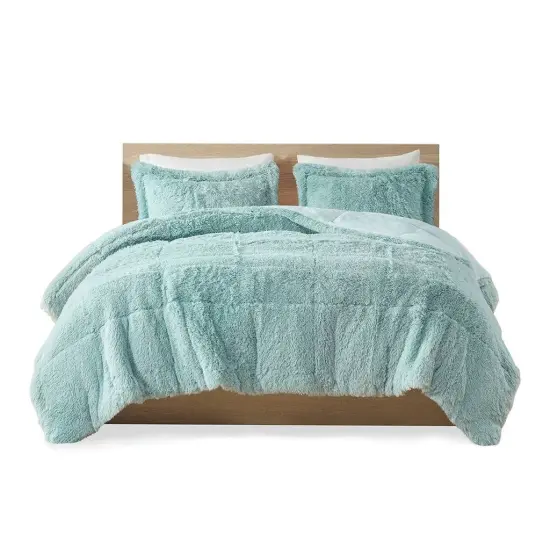 Soft Sherpa Faux Fur Comforter Set Light Teal Blue Hypoallergenic Polyester Bedding {1}