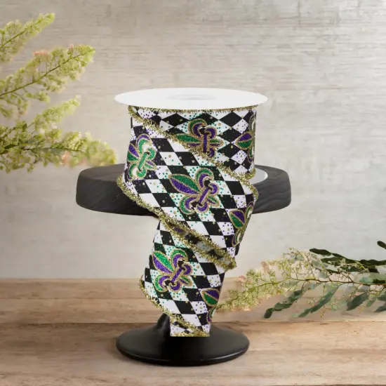 2.5" Fleur De Lis Harlequin Tinsel Ribbon: Mardi Gras (10 Yards) {2}