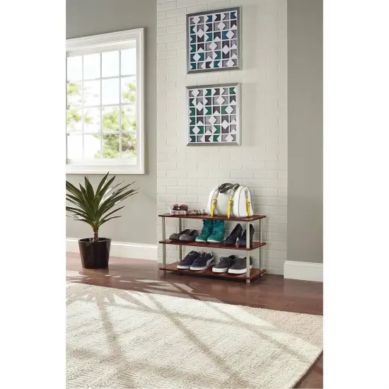 Dark Cherry Wood 3-Shelf Freestanding Shoe Rack for 12 Pairs with Metal Accents {3}