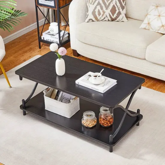 39-Inch Modern Rectangular Coffee Table with Metal Frame and Storage Shelf for Living Room Black {5}