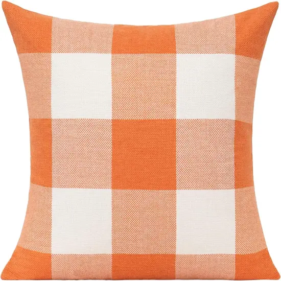 Set of 2 Fall Throw Pillow Covers - Orange & White Plaids (18"x18") {2}