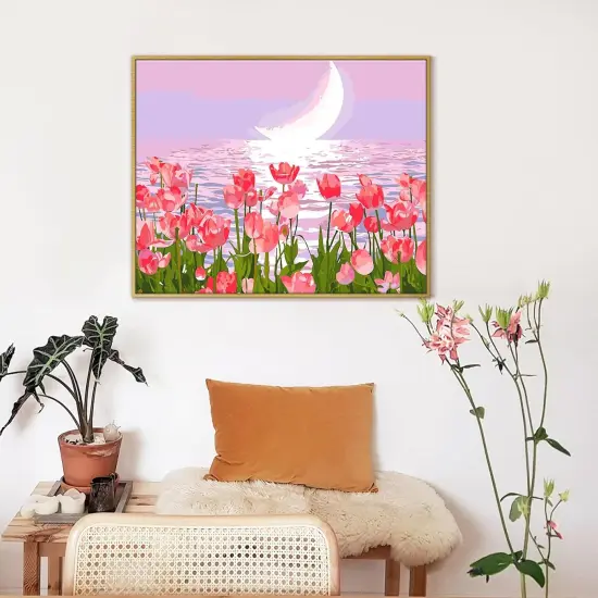 Paint by Numbers Kit for Adults Beginners,Pink Tulips Painting by Numbers,Flowers & Moon Easy Acrylic on Canvas, Suitable for Home Wall Decor and Gifts 20x16inch {3}