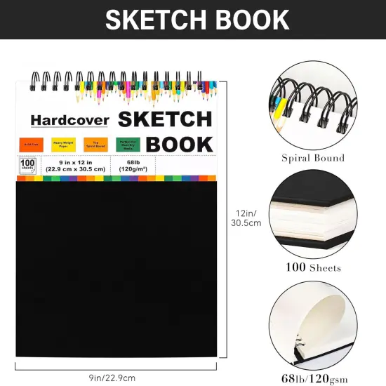 Black Sketchbook Hardcover 100 Sheets (68lb/120gsm) Acid Free Art Paper for Drawing {2}