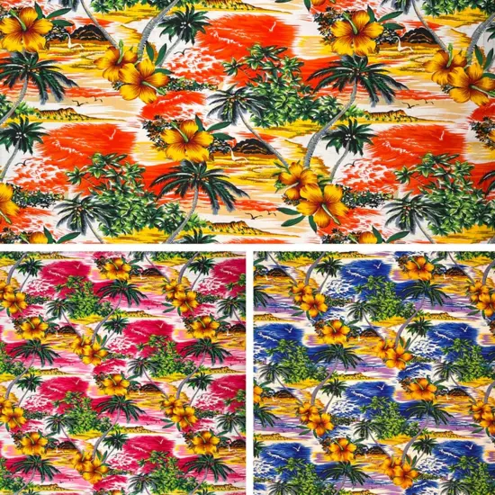 1 Yard Hibiscus Hawaiian Sunset Fabric Peachskin Polyester, 45" Width Blue {2}